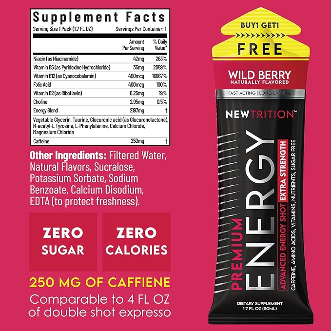 NewTrition® Extra Strength Energy Shots, 1.7 fl oz (Pack of 24, Wild Berry flavor) - 250mg Caffeine with Vitamin B & Amino Acids, Sugar-Free, Zero Calorie Vitamin Energy Drink for Focus & Endurance