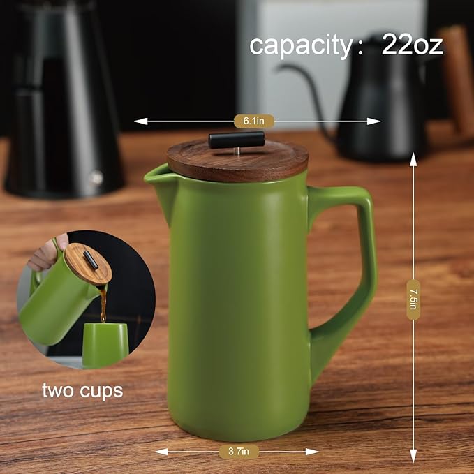 DHPO Ceramic French Press Coffee Maker, 22 Ounce Coffee Press Manual Brewer with Walnut Wood Lid, Premium Food Grade Stainless Steel Filter with Dual Screen for Coffee and Loose Tea, Gift Box, Green