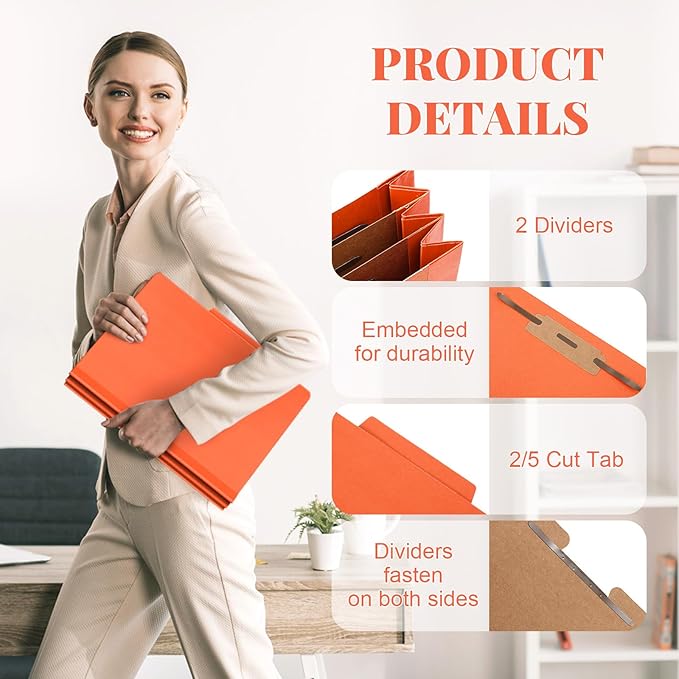 24 Pcs Classification Folders Letter Size Bulk - 2 Dividers Pressboard File Folder with 3. 5 Inch Expansion, 2 Prongs Fastener, Heavy Duty Office File Organizer for Teacher Medical (Orange)
