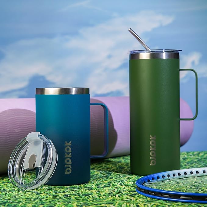 BJPKPK Insulated Coffee Mug with 2 Lids, 32oz Stainless Steel Insulated Tumbler with Handle, Double Wall Vacuum Coffee Cups, BPA Free Travel Mug for Coffee, Tea and Drinks, Forest Green