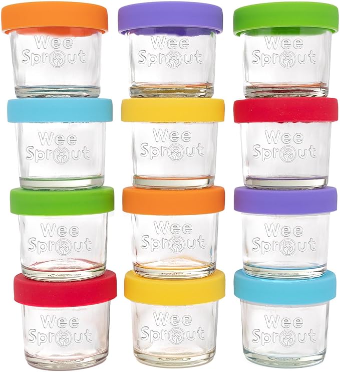 WeeSprout Glass Baby Food Storage Jars w/Lids (4 oz, 12 Pack Set) Snack, Puree, Reusable Small Containers, Breast Milk, Fridge or Freezer, Microwave & Dishwasher Safe, Essential Must Have for Infants