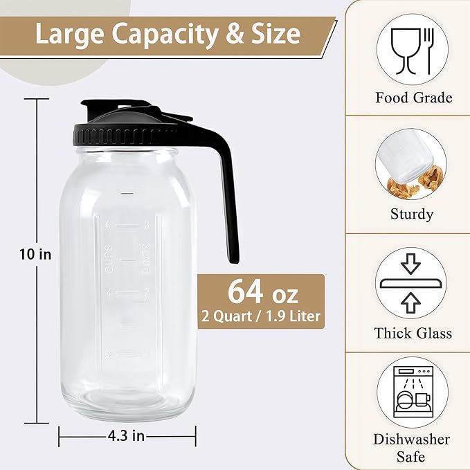 64oz Glass Pitcher Carafes With Handle and Lid, 2 Quart Mason Jar, Large Water Jug, Glass Containers for Fridge, Water Pitcher for Juice, Iced & Sun Tea, Cold Brew Coffee, Homemade Beverage