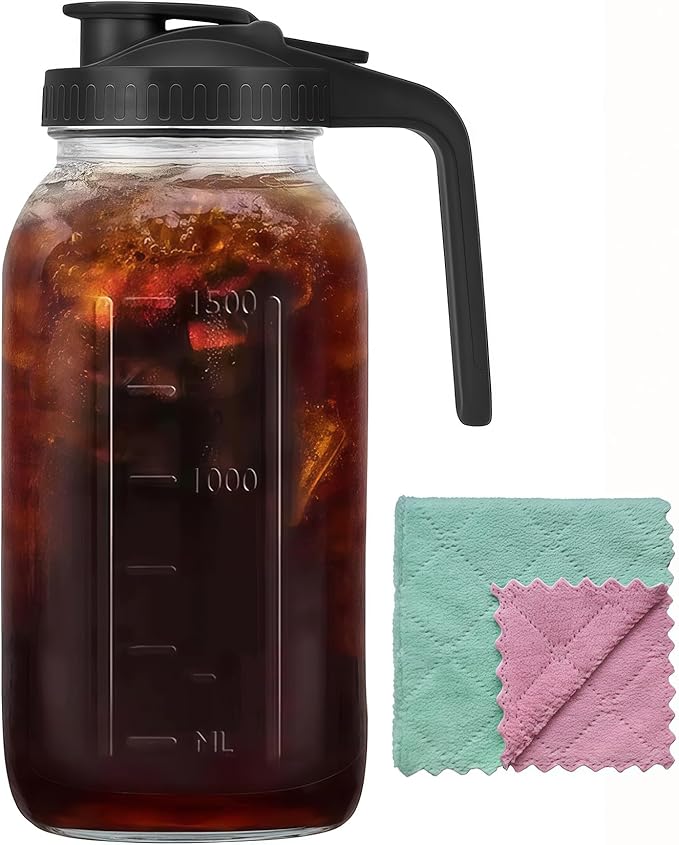 64oz Glass Pitcher Carafes With Handle and Lid, 2 Quart Mason Jar, Large Water Jug, Glass Containers for Fridge, Water Pitcher for Juice, Iced & Sun Tea, Cold Brew Coffee, Homemade Beverage