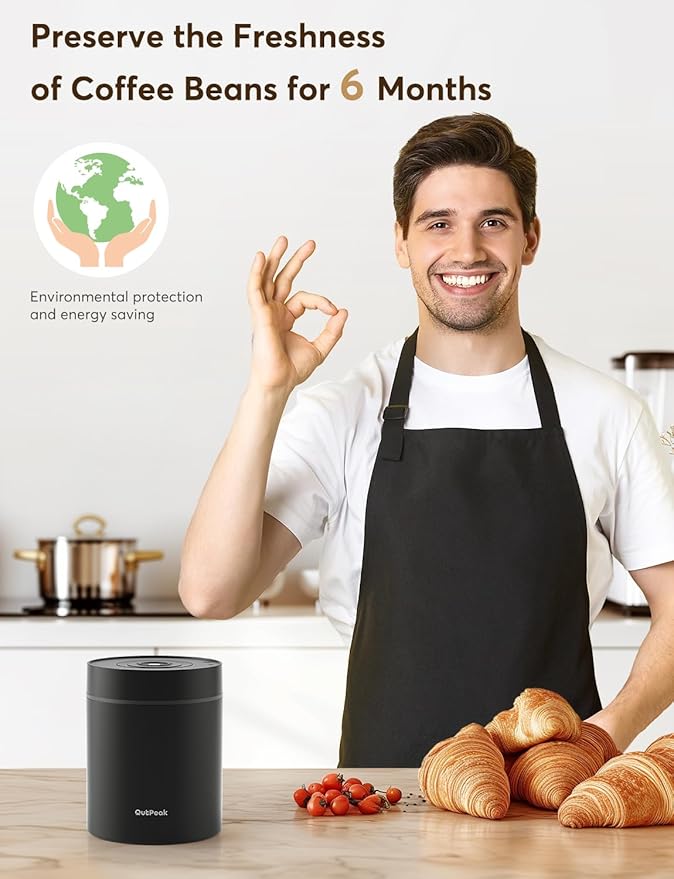 OUTPEAK Neo 2025 Kilo Auto Vacuum Coffee Canister, 1.5L Capacity for 17.6oz of Coffee Beans, One-Button Operation, Stainless Steel Coffee Storage Container with Scoop (Barista Champion's Choice)