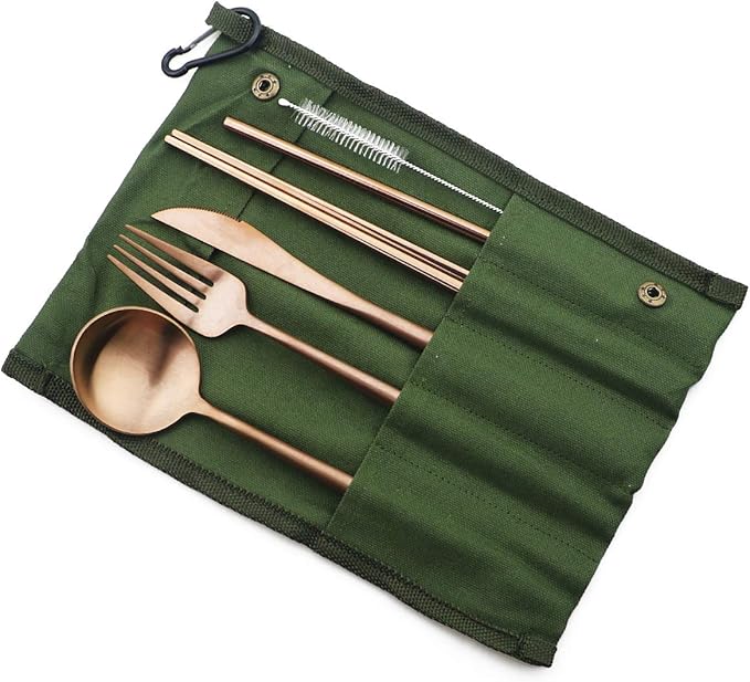 Gugrida Reusable Travel Utensils, 7 Piece Portable 304 Stainless Steel including Knife Fork Spoon Chopsticks Cleaning Brush Straws Portable Pouch, Eco-friendly Camping Silverware Set, Dishwasher Safe