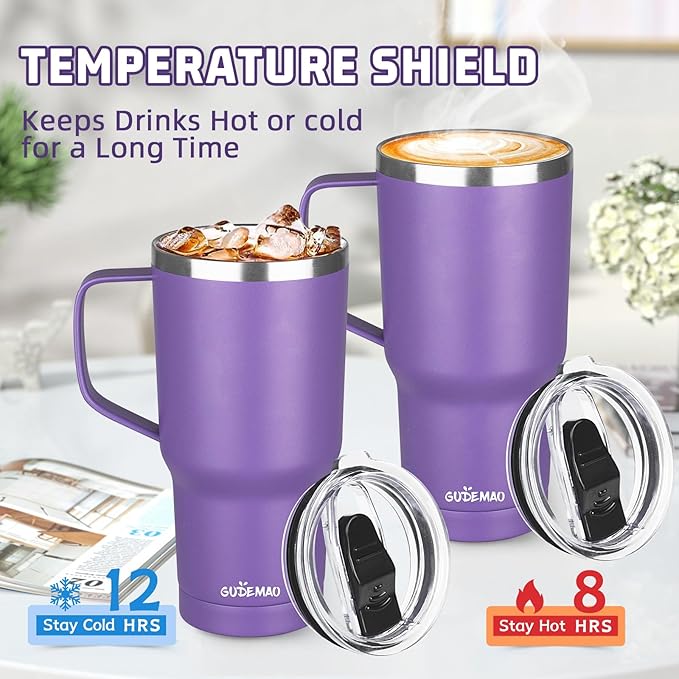 20 oz Insulated Coffee Mug with Ceramic Coating, Stainless Steel Travel Mug Tumbler with Handle Lid and Straw, Double Wall Leak-Proof Coffee Travel Mug Keeps Drink Hot and Cold (Purple)
