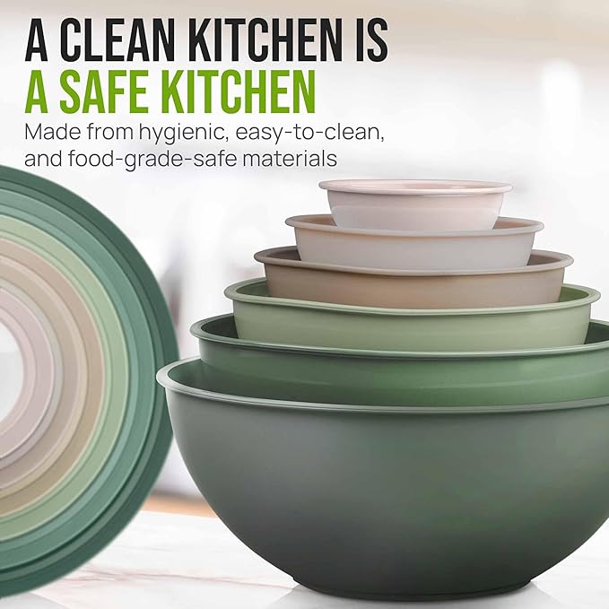 Zulay Kitchen 12 Piece Plastic Mixing Bowls with Leak-Proof Lids Set - Microwave and Freezer Safe Kitchen Mixing Bowls for Preparing, Serving and Storing - Large Nesting Bowls (Forest Ombre)
