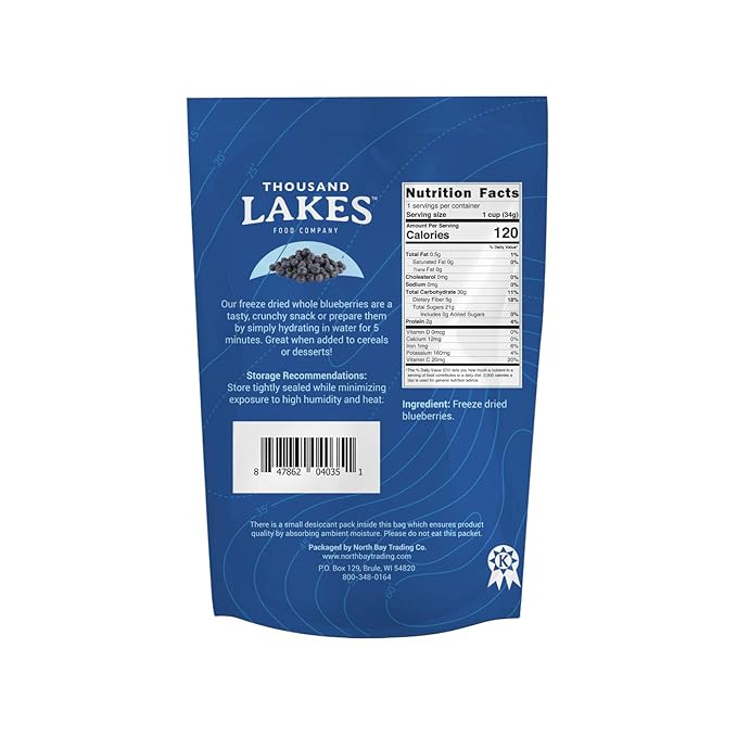 Thousand Lakes Freeze Dried Fruit - Blueberries 2-pack 1.2 ounces (2.4 ounces total) | No Sugar Added | 100% Whole Blueberries