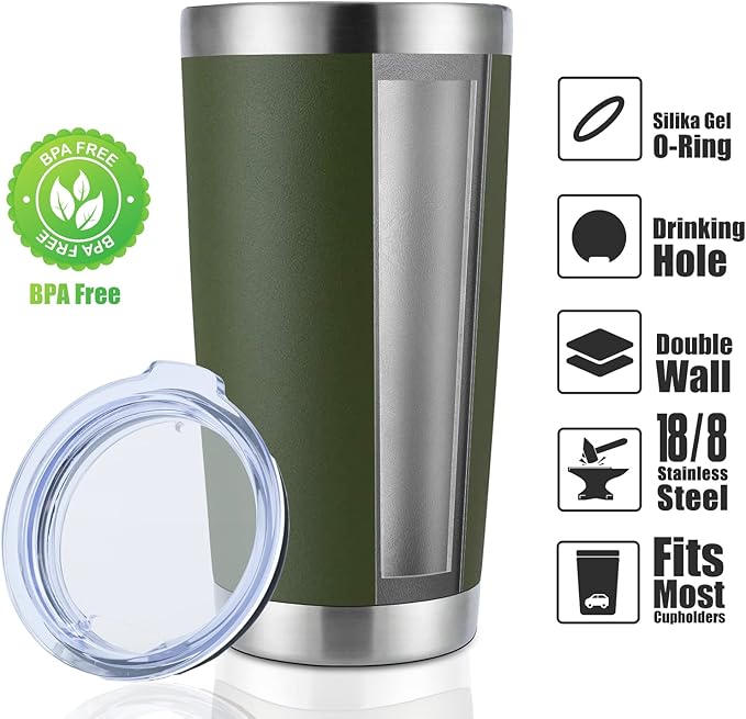 DOMICARE 20oz Stainless Steel Tumbler Bulk with Lid, Double Wall Vacuum Insulated Travel Mug, Powder Coated Coffee Cup (Army Green, 12)