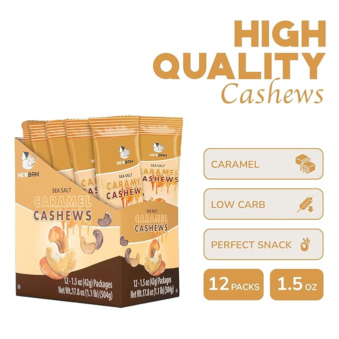 NEWBAM Sea Salt Caramel Cashews Individual Packs - 12 Cashew Snack Packs Roasted Nuts (1.5oz Each) – Keto, Vegan, Gluten-Free - Healthy Snacks for Trail Mix, Office, or Party - Lightly Salted, Sweet Tasty
