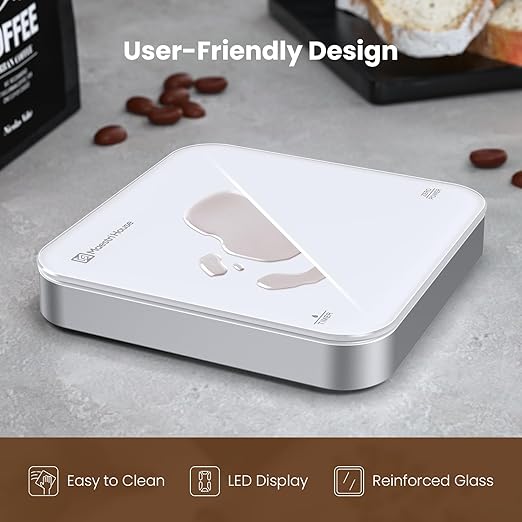 Rechargeable Mini Coffee Scale with Timer, Maestri House Espresso Scale, 2kg/0.1g Accurate Scale for Espresso and Pour-Over Coffee, Portable Digital Kitchen Scale with Automatic Timing（White&Silver）