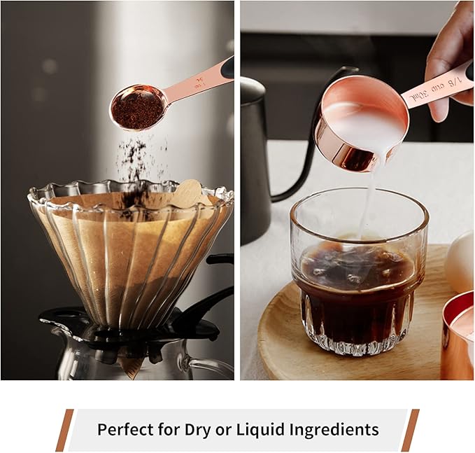 Joyhill Copper Measuring Cups and Spoons Set of 10 Piece, Stainless Steel Nesting Measuring Cup Set with Soft Touch Silicone Handles for Dry and Liquid Ingredients