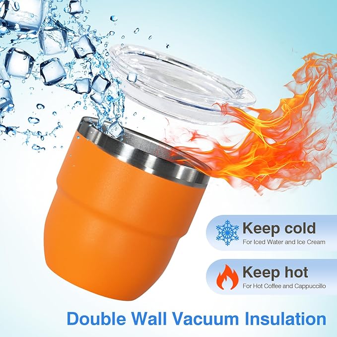 4oz Stackable Cup, Vacuum Insulated Espresso Cup Set of 2, Espresso Shot Glass for Coffee, Double Wall Stainless Steel Mini Tumbler Shot Glasses with Straw and Lid (A-orange2P, 4oz)