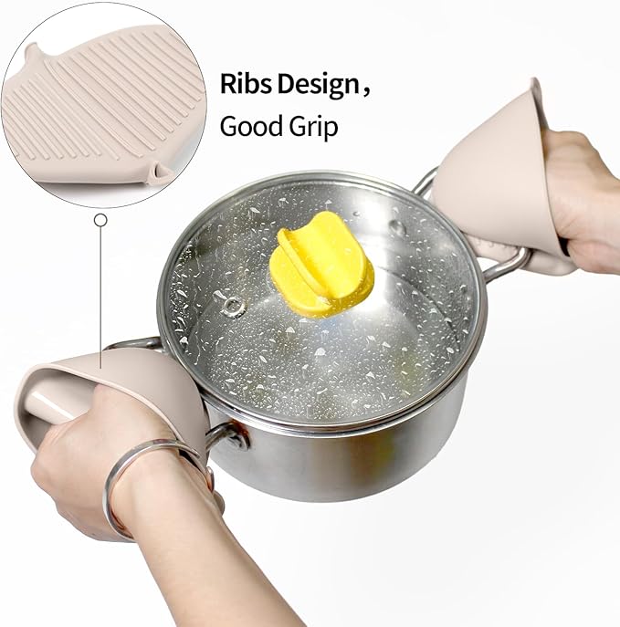 Silicone Oven Mitts Heat Resistant 3 Pair Mini Pot Pinch Grip- ChufanMomsil Short Cute Pot Holders Sets for Kitchen, Air Fryer, Baking, Small Silicone Rubber Oven Gloves Mittens, Khaki