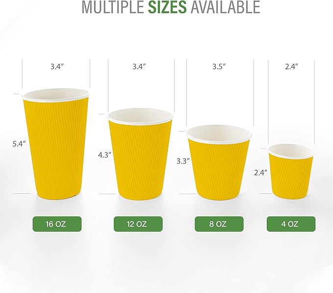 Restaurantware-4 Ounce Paper Coffee Cups, 25 Ripple Wall Disposable Paper Cups - Leakproof, Recyclable, Yellow Paper Hot Cups, Insulated, Matching Lids Sold Separately