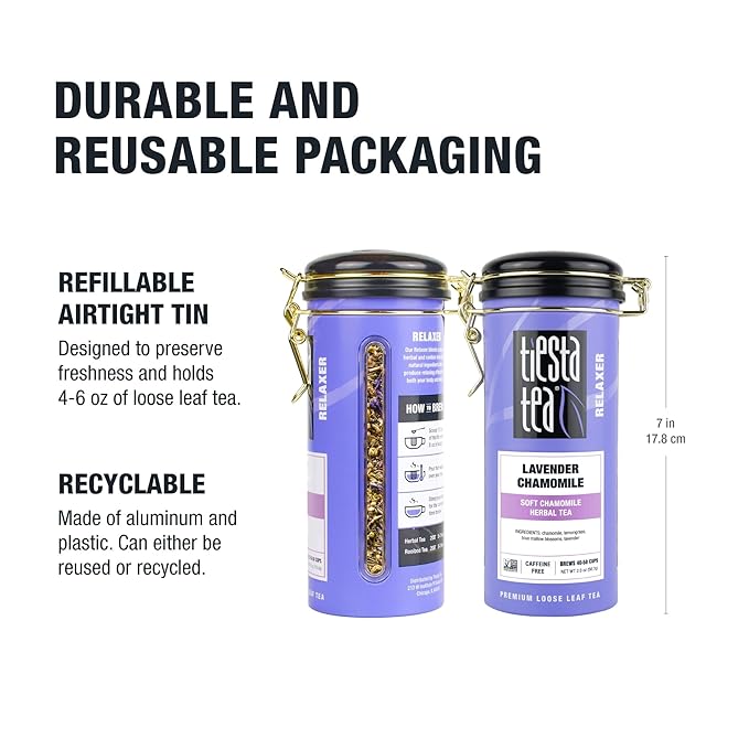 Tiesta Tea - Lavender Chamomile, Loose Leaf, Soft Chamomile Herbal Tea, Premium Non-Caffeinated Blend, Make Hot or Iced & Brews Up to 250 Cups, 8oz Bulk Pouch & 2oz Refillable Tin Combo
