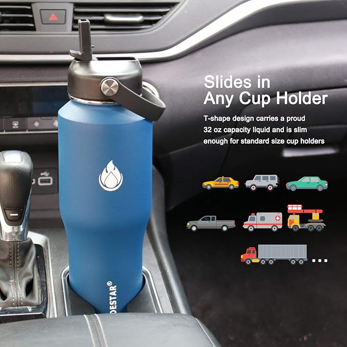 SENDESTAR Water Bottle 32oz,2 Lids(Straw lid),Wide Mouth Stainless Steel Vacuum Insulated Double Wall Keep Liquids Cold or Hot All Day,Sweat Proof Sport Design,Fit Car Cup Holder(Cobalt)