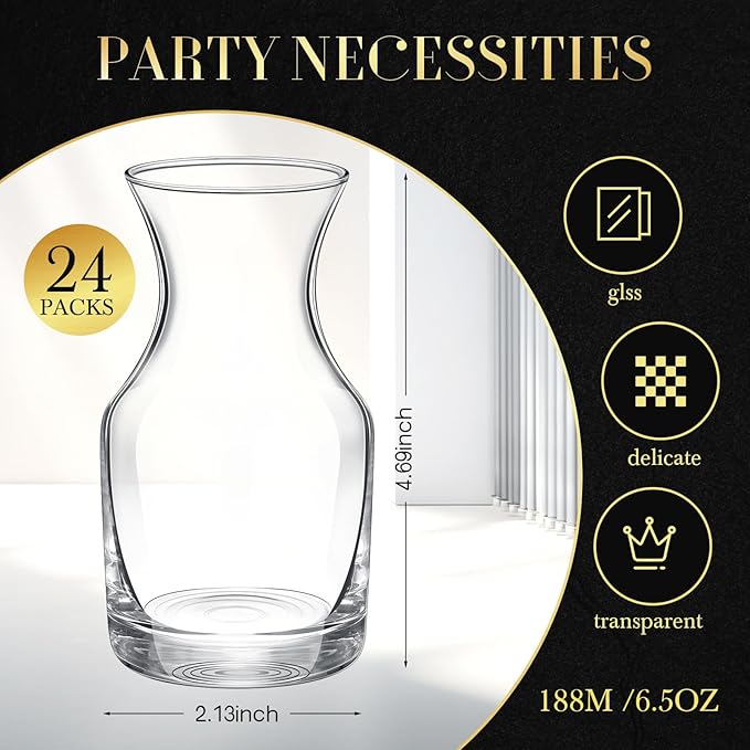 24 Pack Single Serving Wine Carafe Glass Small Mini Carafe Individual Wine Refill Decanter for Dinner Parties Tastings Bars Restaurants (6.5 oz)