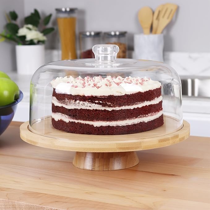 6 in 1 Large Bamboo Wood Cake Stand with Lid - Multiuse Wooden Cake Stand with Dome Acrylic Cake Cover/Cake Dome - Cake Holder With Lid - Acrylic Cake Stand Dome & Bamboo Base Punch Bowl - Cake Stands