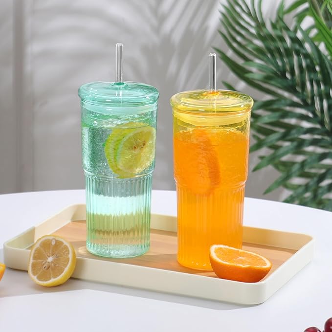 20 OZ Glass Cup with Lids and Glass Straws, High Borosilicate Iced Coffee Glass Tumblers with Lid and Straw for Drinks, 2pcs Reusable Wide Mouth Smoothie Cup(Yellow)