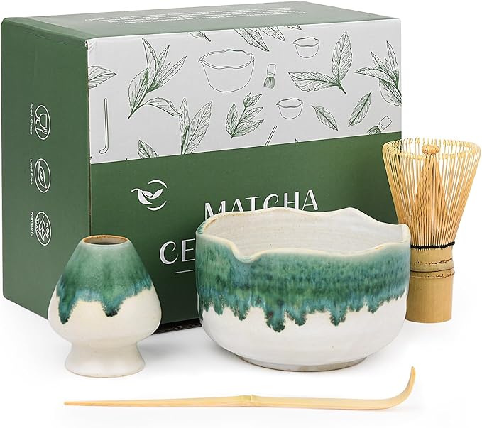Pottery Matcha Set - Japanese Handcrafted Matcha Tea Bowl Mineral Glaze Bowl with Spout, Bamboo Whisk, Scoop & Chasen Holder | 4pc Tea Ceremony Kit for Matcha Lovers (Snowy Jade)