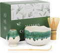 Pottery Matcha Set - Japanese Handcrafted Matcha Tea Bowl Mineral Glaze Bowl with Spout, Bamboo Whisk, Scoop & Chasen Holder | 4pc Tea Ceremony Kit for Matcha Lovers (Snowy Jade)