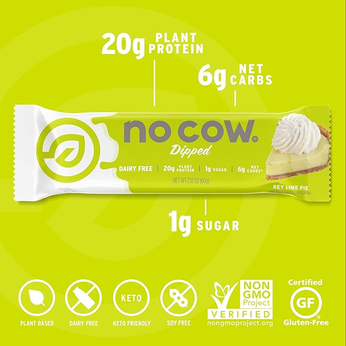 No Cow High Protein Bars, Dipped Key Lime Pie - Healthy Snacks, 20g Vegan Protein, High Fiber, Low Sugar, Keto Friendly, Dairy & Gluten Free (12 Count)