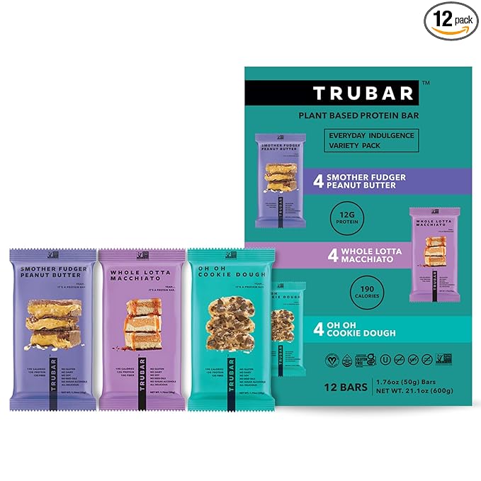 TRUBAR Vegan Protein Bar Variety Pack, Assorted Flavors, Peanut Butter, Macchiato, Cookie Dough, Gluten Free, Vegan Protein Snacks, 12G Plant-Based Protein, High Fiber, Healthy Protein Bars, 12 CT