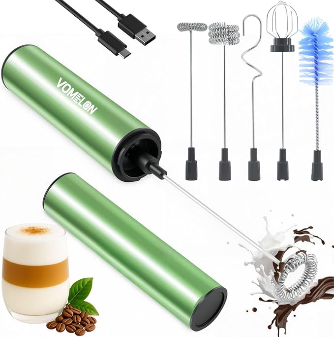 Rechargeable Milk Frother Handheld Electric Frother Wand Milk Foamer Drink Mixer for Coffee, Lattes, Cappuccino, and Egg, Stainless Steel for Travel-Green