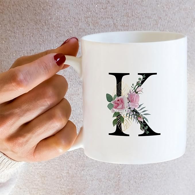 Retreez Initial A-Z Floral Botanical Bouquet Alphabet Monogrammed Monogram Mug 11 Oz Ceramic Tea Coffee Mugs - Appreciation Thank You Wedding Birthday Gifts for her friend coworker sister - K Initial