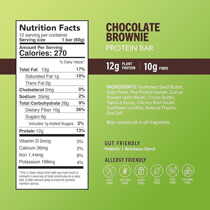 Amrita Nut Free Chocolate Brownie Vegan Protein Bars (12 Count) | 12g Plant-Based Protein Bar | Peanut Free, Gluten Free, and Dairy Free | Low Sugar, High Fiber, Healthy School-Safe Snacks