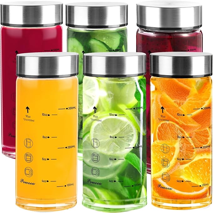 Glass Juice Bottles 6 Pack 12 oz - Wide Mouth Glass Water Bottles with Lids - for Juicing, Protein, Smoothie, Milk, Reusable, BPA Free, Stainless Steel Lids, Blender, Shaker Bottle [12oz/400ml]
