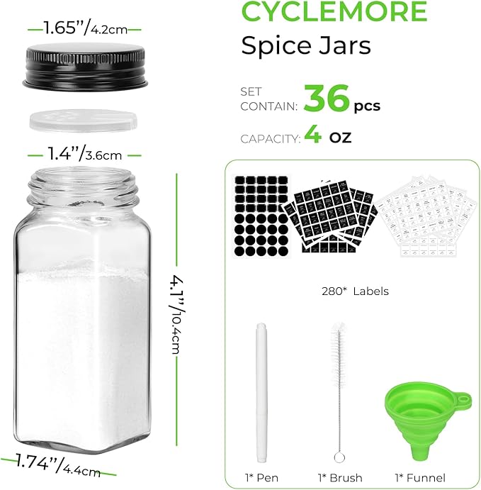 CycleMore 36 Pack 4oz Glass Spice Jars, Square Spice Containers with Black Metal Caps and Pour/Sift Shaker Lid-280pcs Labels,1pcs Silicone Collapsible Funnel and Brush Included