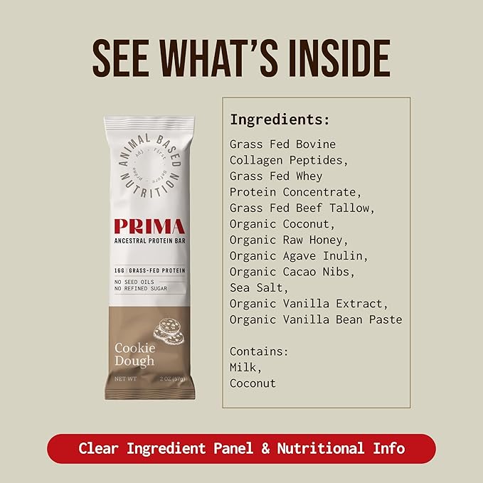 Prima Ancestral Protein Bar – Clean Grass Fed Protein Bar with Whey, Collagen, Honey, and Coconut – 16g Protein, No Preservatives or Seed Oils – Cookie Dough - 7 Pack