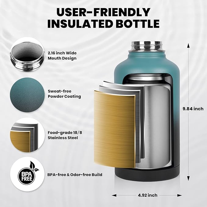 Insulated Water Bottle 64 oz, Triple Wall Vacuum Stainless Steel (Cold for 48 Hrs), Leak Proof & Non-BPA, Half Gallon Water Flask Jug with Paracord Handle & Straw Spout Lids