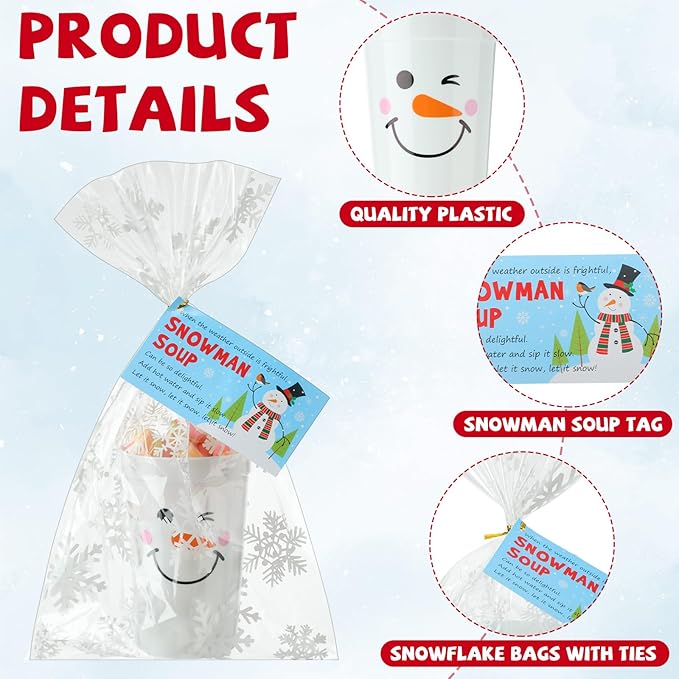 50 Sets Plastic Christmas Snowman Soup Kits for Classroom Coworker Exchange Gift 16 oz Winter Snowman Marshmallow Cups with Soup Tags Clear Xmas Bag for Hot Cocoa Chocolate
