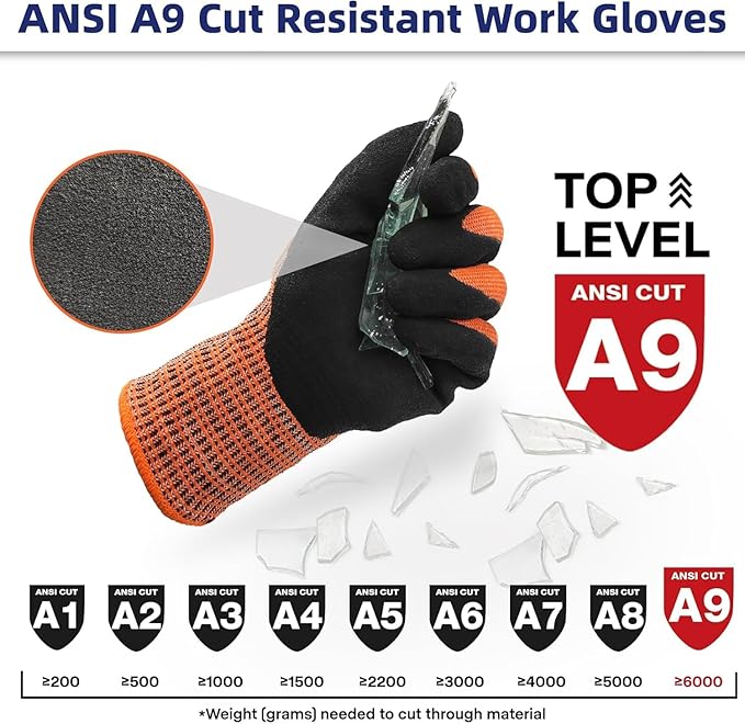 Schwer ProGuard Highest Level Cut Resistant Work Gloves PR3326 for Extreme Protection，ANSI A9 Cut Gloves with Reinforced Thumb, Non Slip, Non PFAS, Durable, Touch-screen, Orange 2 Pairs（L）