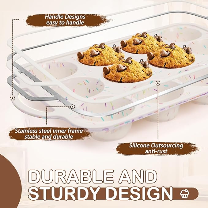 Silicone Muffin Pan, 12 Cups Muffin Tin Baking Mold With Reinforced Stainless Steel Frame Inside, Nonstick Bakeware Cupcake Pan BPA Free, 2PCS