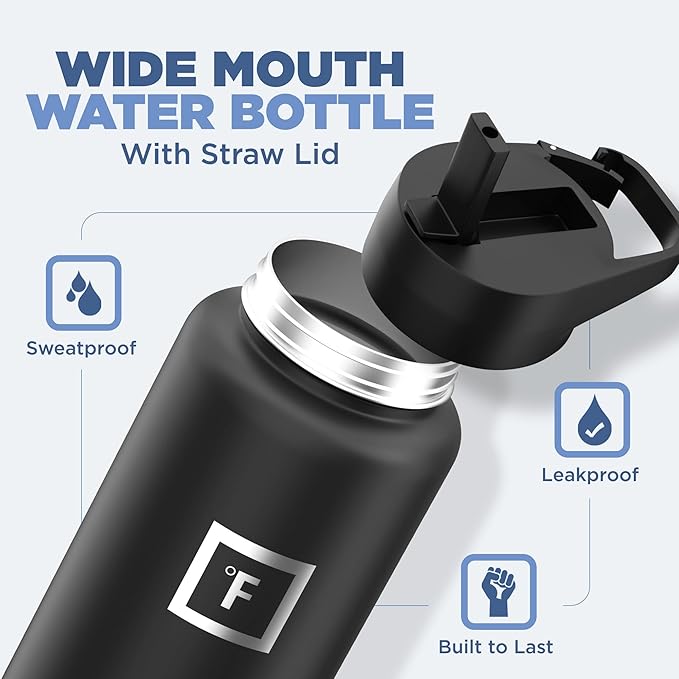 IRON °FLASK Camping & Hiking Hydration Flask with 3 Lids - Stainless Steel, Double Walled & Vacuum Insulated Water Bottle - Leak Proof & BPA Free (Day & Night, Straw - 40 oz)