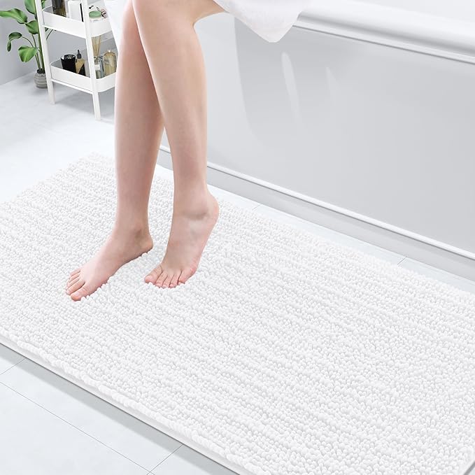 Arotive Luxury Chenille Bathroom Rug Mat, Extra Soft Thick Absorbent Shaggy Bath Rugs, Non-Slip Machine Wash Dry, Plush Bath Mats for Bathroom, Shower and Tub, 70x24, White