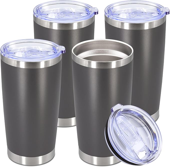 20oz Tumbler Stainless Steel Tumbler Cup with Lid Vacuum Insulated Double Wall Travel Mug, Durable Powder Coated Travel Coffee Tumbler Mug for Hot & Cold Drinks, Grey,4 Pack