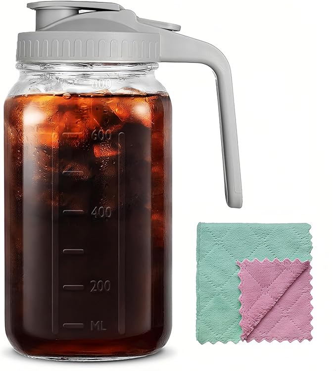 32oz Glass Pitcher Carafes With Handle and Lid, 1 Quart Mason Jar, Large Water Jug, Glass Containers for Fridge, Water Pitcher for Juice, Iced & Sun Tea, Cold Brew Coffee, Homemade Beverage