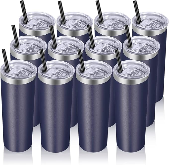 VEGOND Stainless Steel Tumblers Bulk 12 Pack, 20 oz Vacuum Insulated Skinny Tumblers with Lids and Straws, Double Wall Coffee Mug, Travel Water Cup, Navy Blue