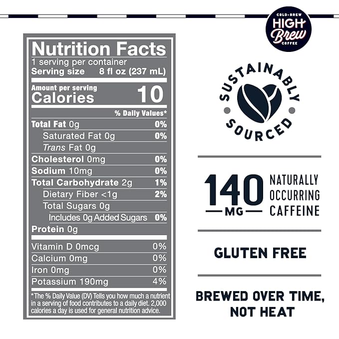 High Brew Black & Bold Cold Brew Coffee, Caffeinated, Dairy Free, 8 Ounces (Pack Of 12)
