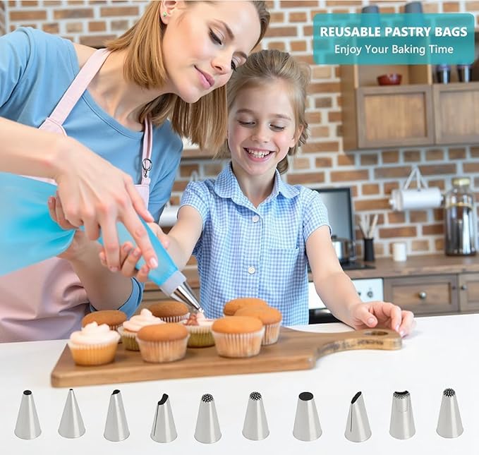 Piping Bags and Tips Set, Reusable Cake Decorating Supplies with 2 Reusable Bags, 12 Icing Tips, 2 Silicone Rings, 2 Couplers and 3 Scrapers, Cake Baking Tools for Cookie Icing Cupcakes