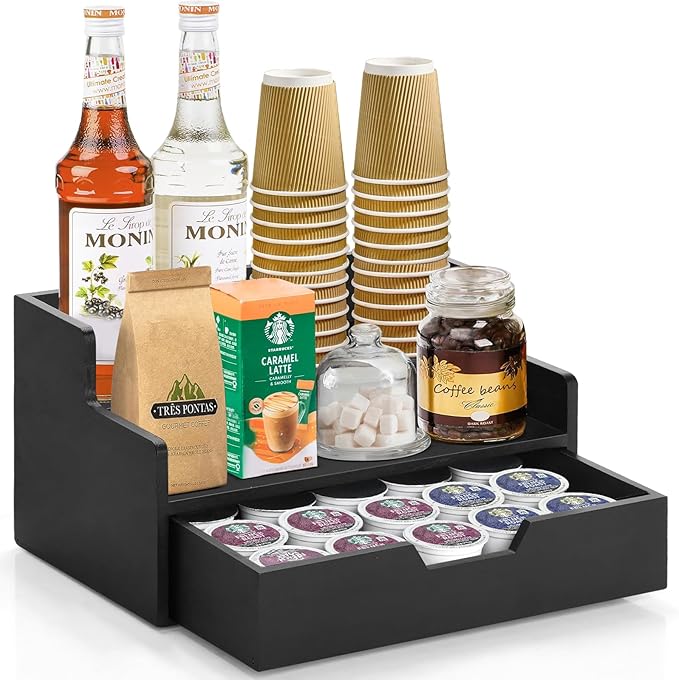 Coffee Pod Holder with Drawer, 3-Tier Wood K Cup Organizer for Countertop, Coffee Bar Organizer Storage Box, Coffee Station Organizer for Kitchen Coffee Station Decor