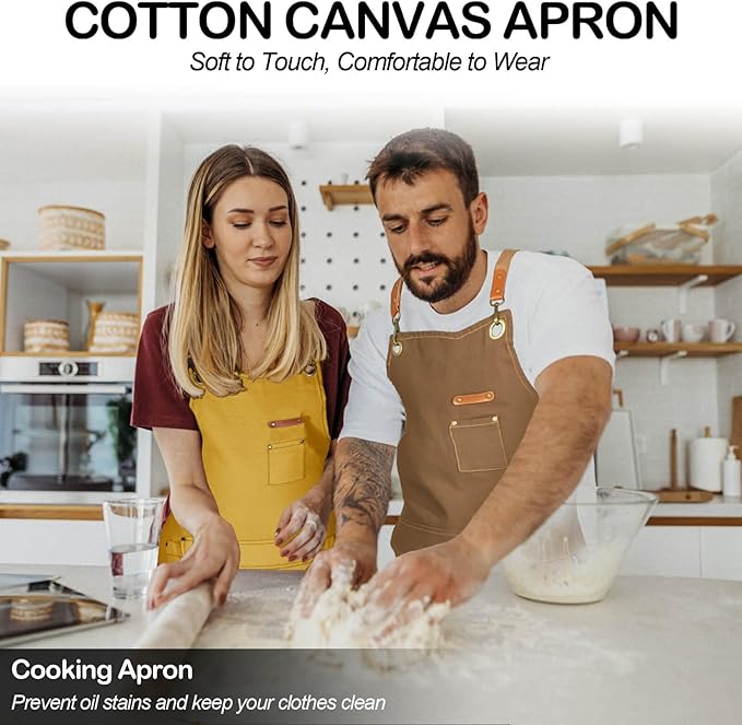 Chef Apron for Men Women with Gift Box Pack, Cross Back Apron with Pockets for Kitchen Cooking Baking Artist Painting, Cotton Canvas Work Aprons for Shop, Garden, Restaurant, Cafe (Yellow, M to XXL)