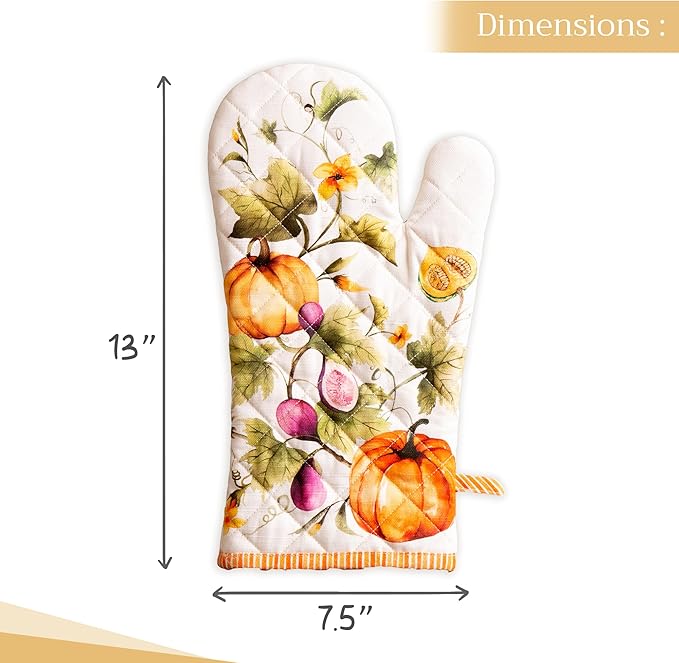 Maison d' Hermine Oven Gloves 100% Cotton Oven Mitt 7" x 13" with Loop Heat Resistant, BBQ, Cooking Gloves, Baking, Grilling, Kitchen, Handling Hot Pans (Pack of 1, Pumpkin Garden - Cloudy Cream)