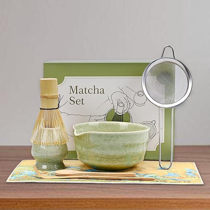Green Matcha Whisk Making Set - Japanese Tea Kit with Whisk Bowl and Bamboo Scoop Ceramic Chawan with Spout for Traditional Tea Ceremony Complete Matcha Making Tools Gift for Tea Lovers (Green, 7 PCS)