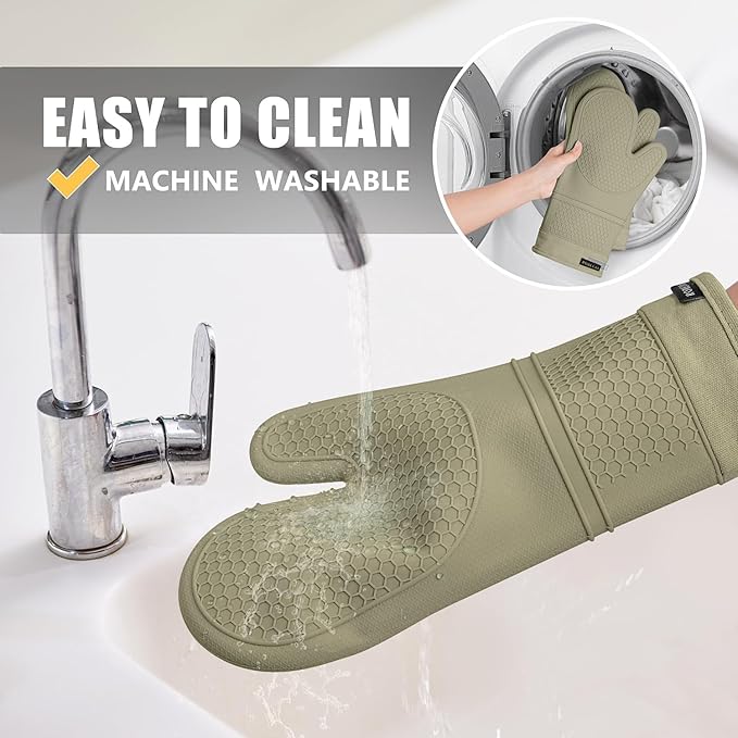 Rorecay 6pcs Oven Mitts and Pot Holders Sets Heat Resistant 500 Degrees, Extra Long Silicone Oven Gloves Non-Slip Potholders Hot Pads for Kitchen Baking Cooking, Quilted Liner, Martini Olive
